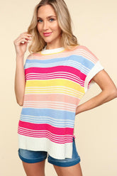 Haptics Women's Striped Side Slit Knit Top - Versatile Short Sleeve Style